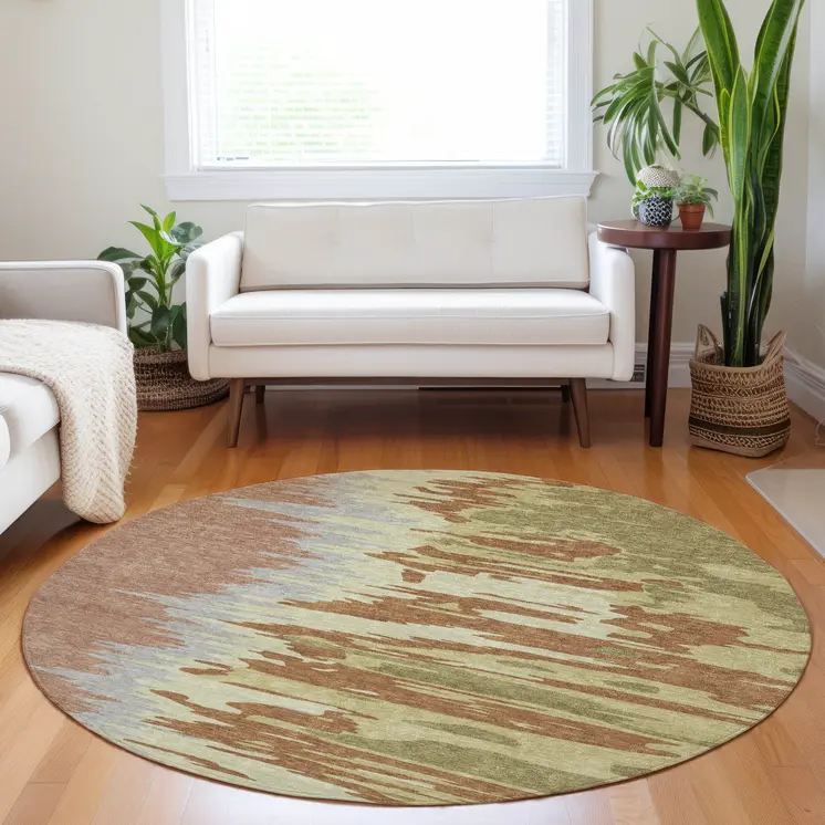 8' Rust Gray And Green Round Abstract Washable Indoor Outdoor Area Rug