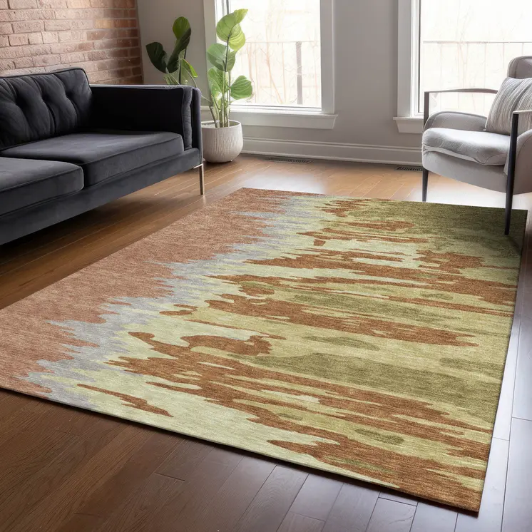 9' X 12' Rust Gray And Green Abstract Washable Indoor Outdoor Area Rug