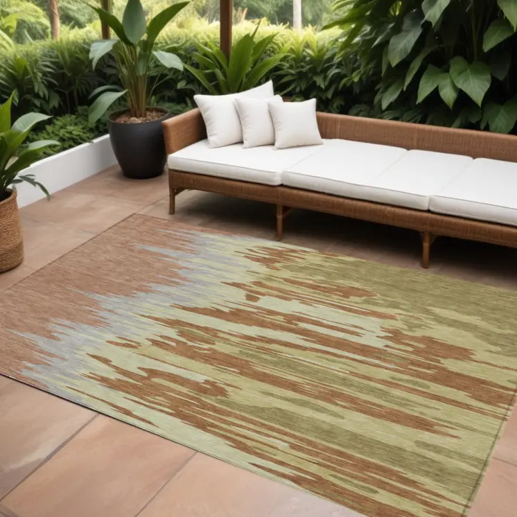 10' X 14' Rust Gray And Green Abstract Washable Indoor Outdoor Area Rug