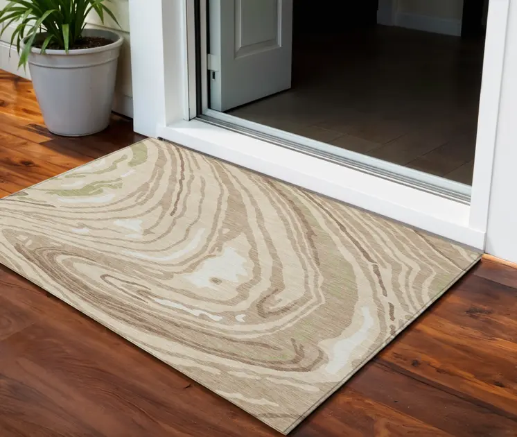 3' X 5' Beige Green And Brown Abstract Washable Indoor Outdoor Area Rug