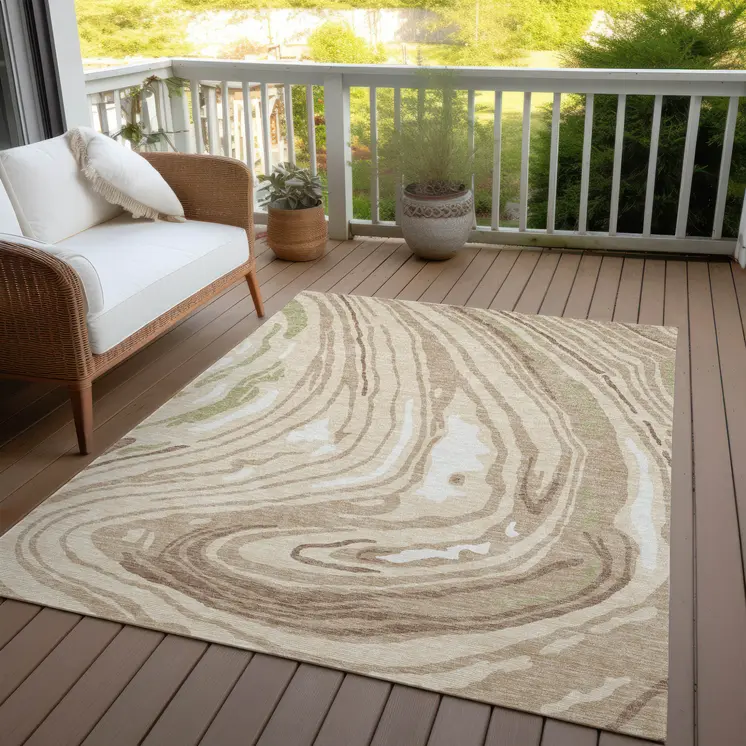 3' X 5' Beige Green And Brown Abstract Washable Indoor Outdoor Area Rug