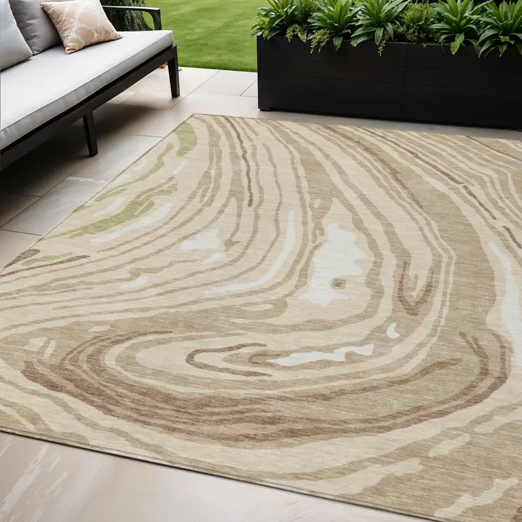 5' X 8' Beige Green And Brown Abstract Washable Indoor Outdoor Area Rug