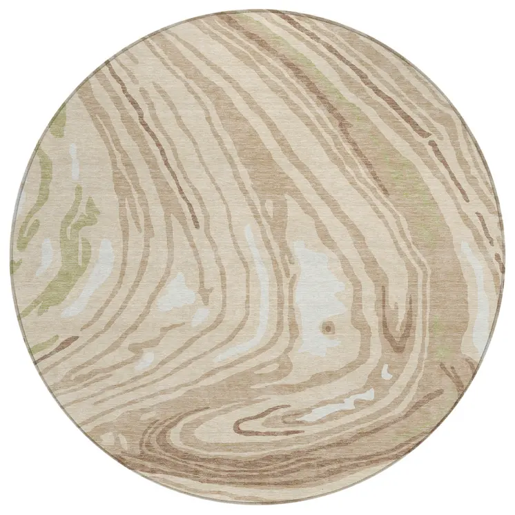8' Beige Green And Brown Round Abstract Washable Indoor Outdoor Area Rug