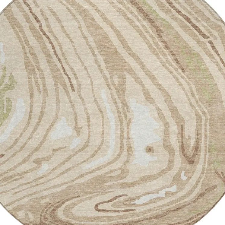 8' Beige Green And Brown Round Abstract Washable Indoor Outdoor Area Rug