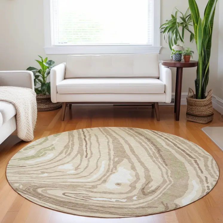 8' Beige Green And Brown Round Abstract Washable Indoor Outdoor Area Rug