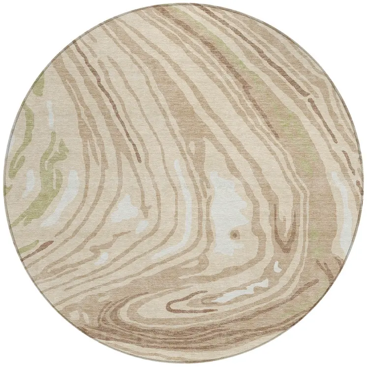8' Beige Green And Brown Round Abstract Washable Indoor Outdoor Area Rug