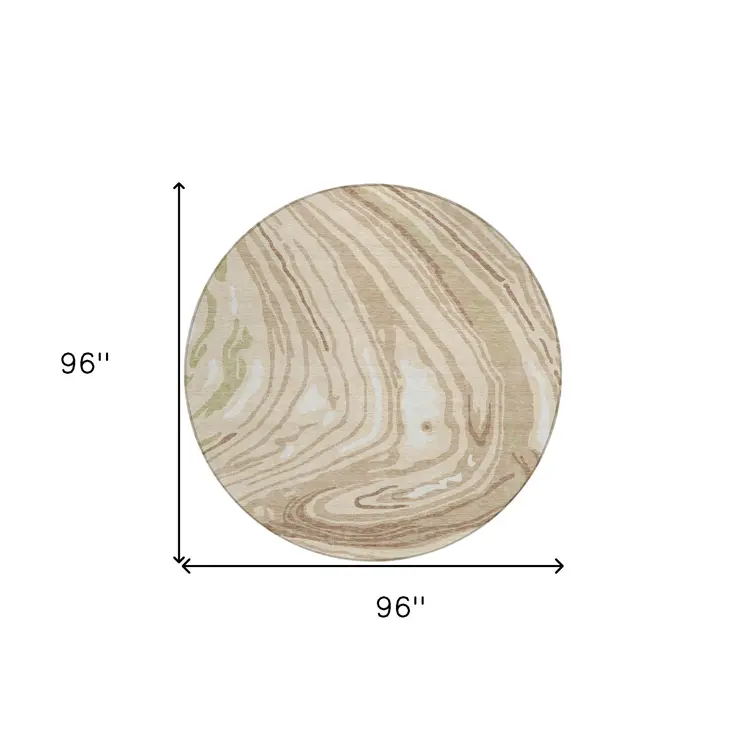 8' Beige Green And Brown Round Abstract Washable Indoor Outdoor Area Rug
