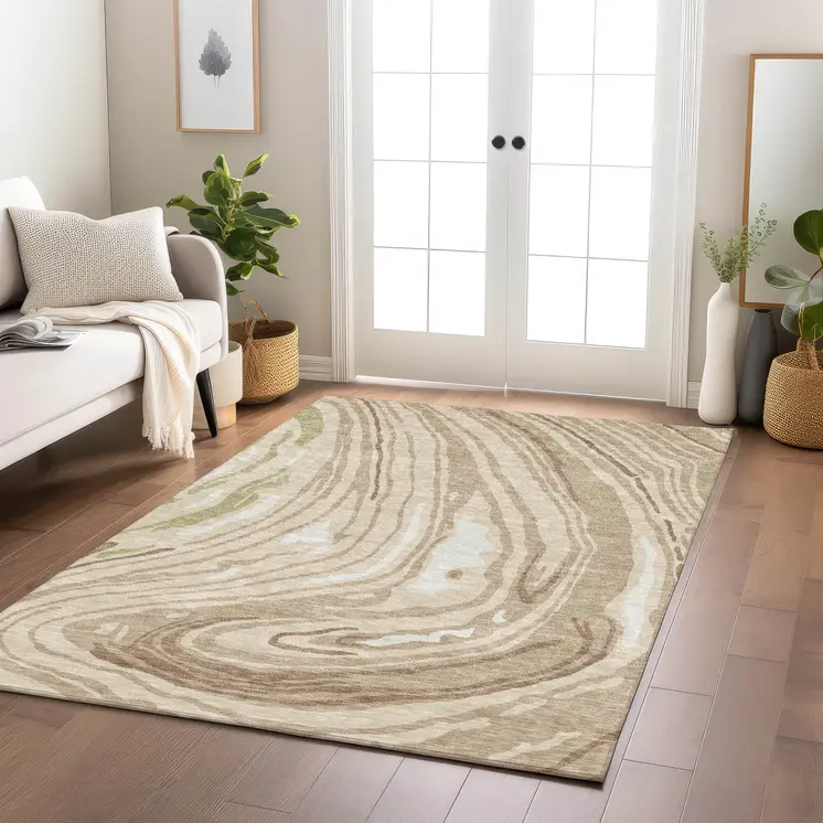 8' X 10' Beige Green And Brown Abstract Washable Indoor Outdoor Area Rug