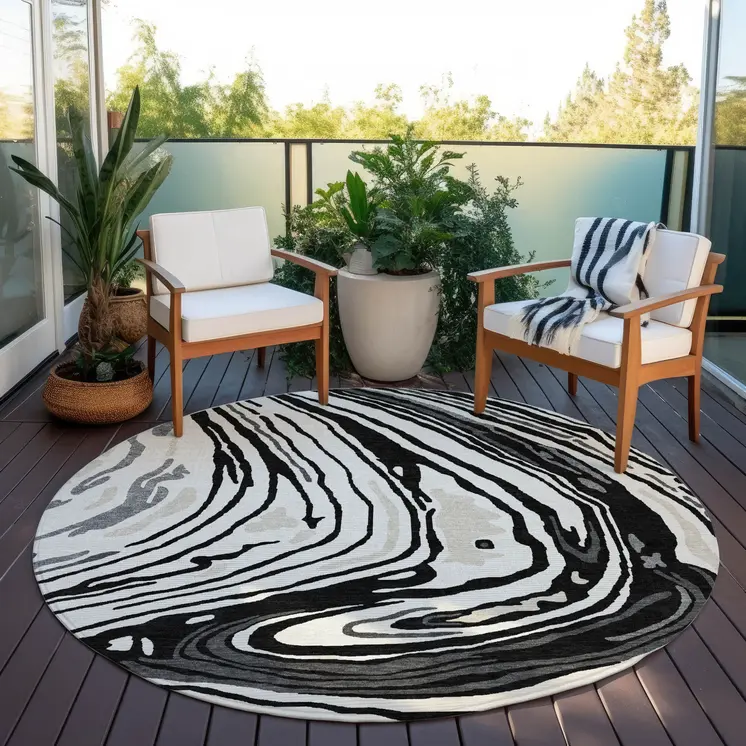 8' Black Gray And Ivory Round Abstract Washable Indoor Outdoor Area Rug