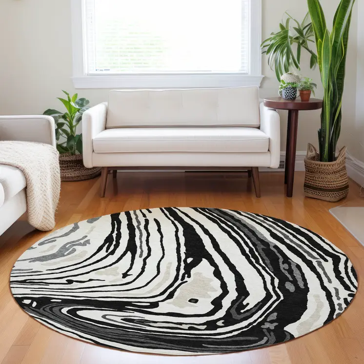 8' Black Gray And Ivory Round Abstract Washable Indoor Outdoor Area Rug