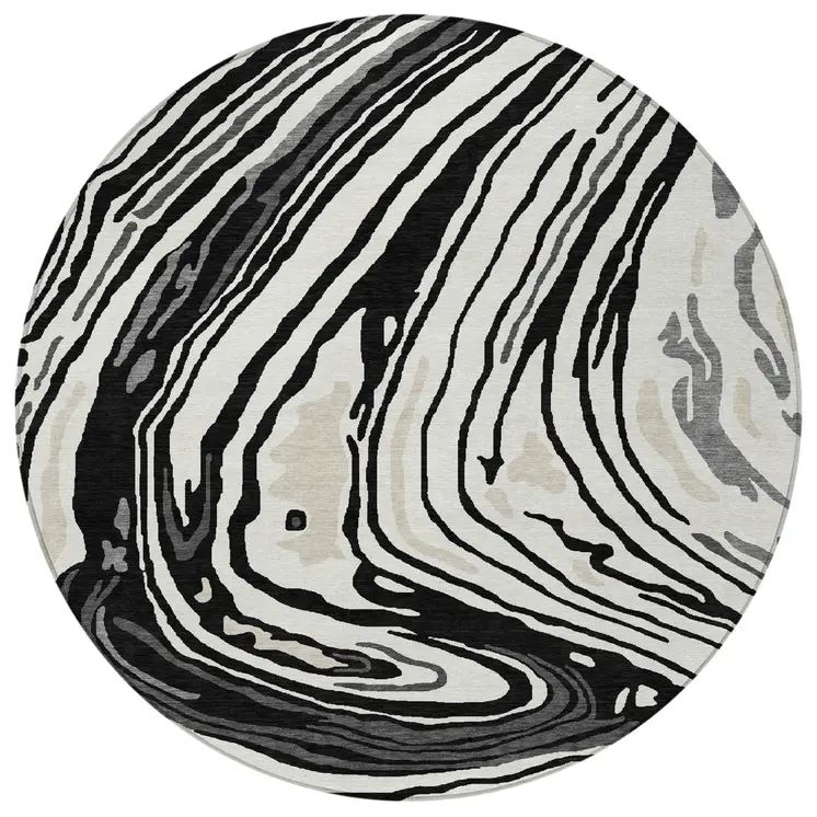 8' Black Gray And Ivory Round Abstract Washable Indoor Outdoor Area Rug