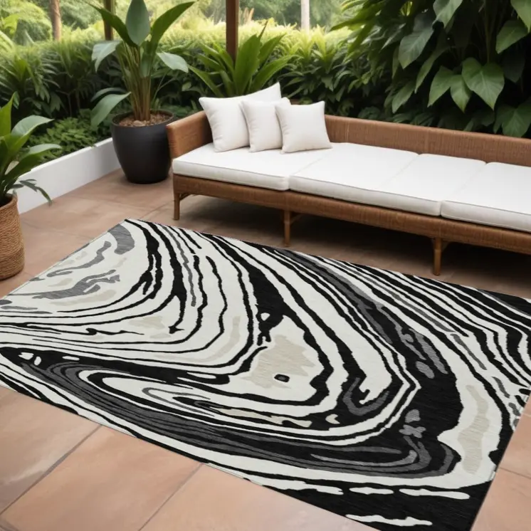 8' X 10' Black Gray And Ivory Abstract Washable Indoor Outdoor Area Rug