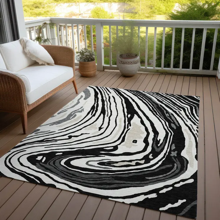 8' X 10' Black Gray And Ivory Abstract Washable Indoor Outdoor Area Rug