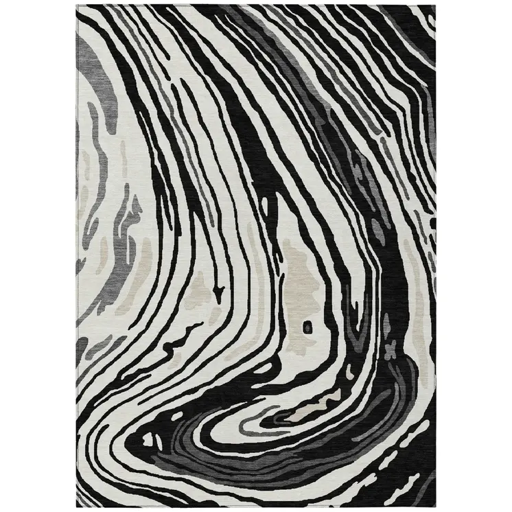 10' X 14' Black Gray And Ivory Abstract Washable Indoor Outdoor Area Rug