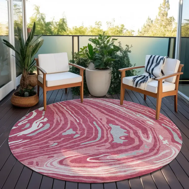 8' Blush Ivory And Gray Round Abstract Washable Indoor Outdoor Area Rug