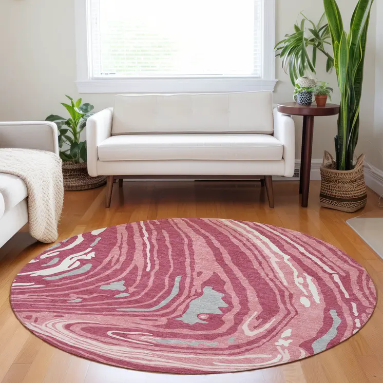 8' Blush Ivory And Gray Round Abstract Washable Indoor Outdoor Area Rug