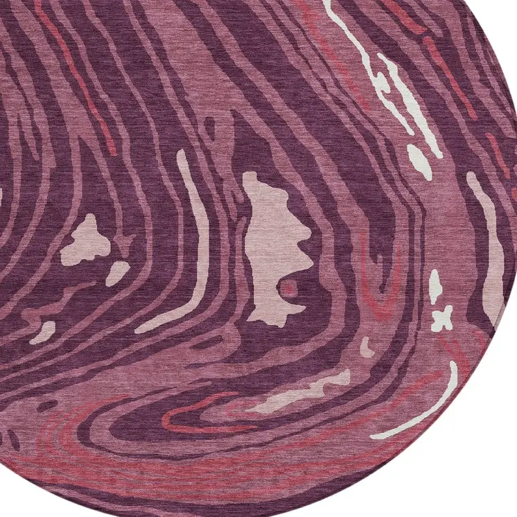 8' Burgundy Brick Red And Ivory Round Abstract Washable Indoor Outdoor Area Rug