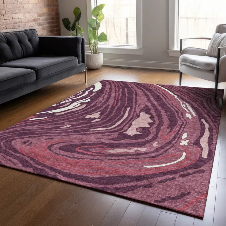 8' X 10' Burgundy Brick Red And Ivory Abstract Washable Indoor Outdoor Area Rug