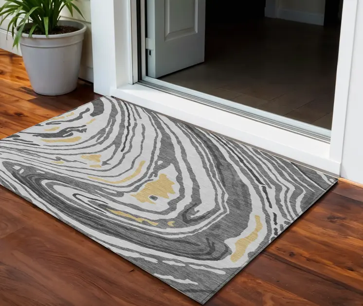 3' X 5' Gray Charcoal And Tan Abstract Washable Indoor Outdoor Area Rug