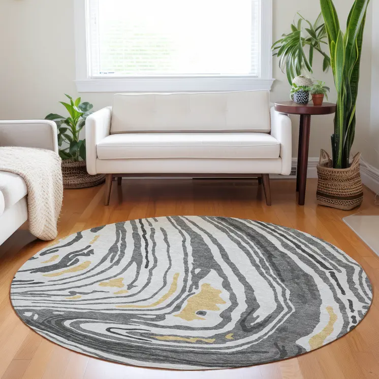 8' Gray Charcoal And Tan Round Abstract Washable Indoor Outdoor Area Rug