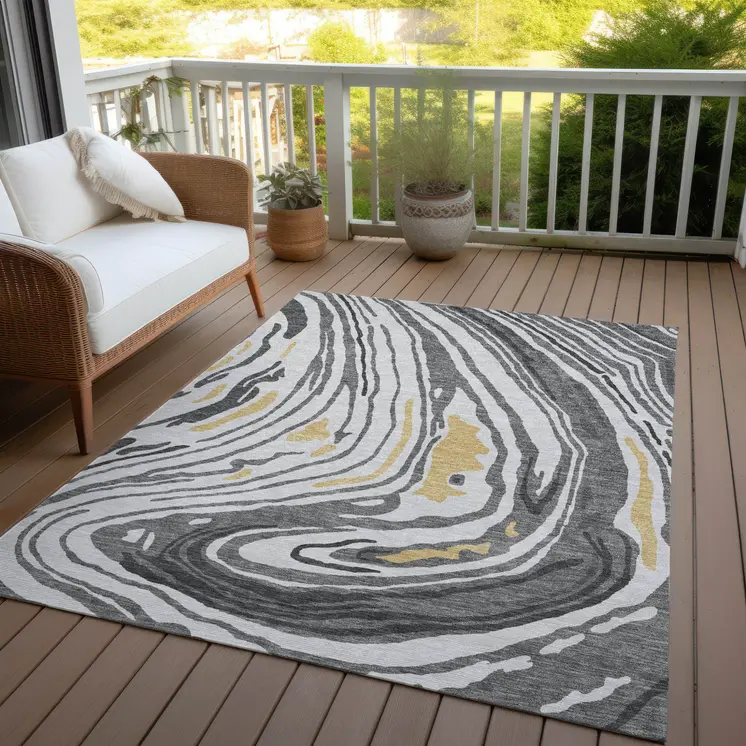 9' X 12' Gray Charcoal And Tan Abstract Washable Indoor Outdoor Area Rug
