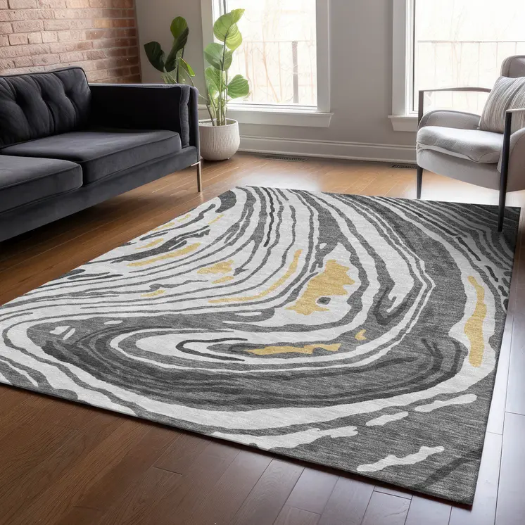 9' X 12' Gray Charcoal And Tan Abstract Washable Indoor Outdoor Area Rug