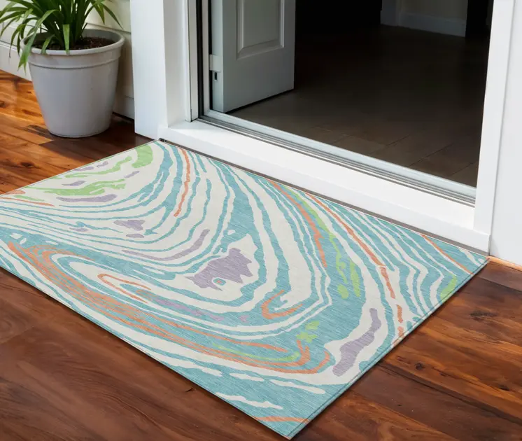 3' X 5' Linen Green And Sky Blue Abstract Washable Indoor Outdoor Area Rug