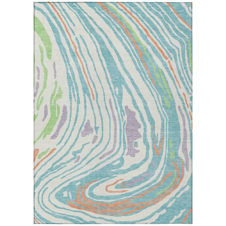 3' X 5' Linen Green And Sky Blue Abstract Washable Indoor Outdoor Area Rug