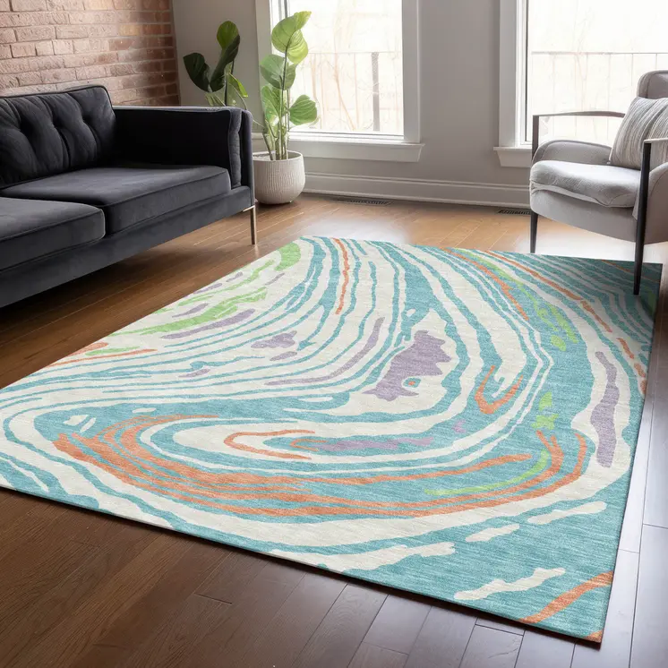 3' X 5' Linen Green And Sky Blue Abstract Washable Indoor Outdoor Area Rug