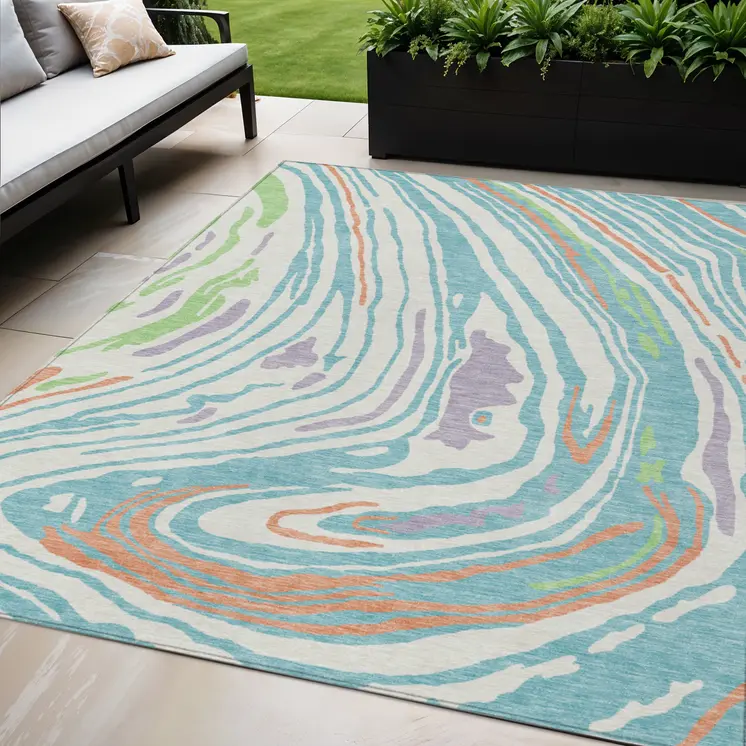 5' X 8' Linen Green And Sky Blue Abstract Washable Indoor Outdoor Area Rug