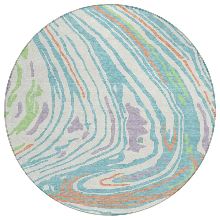 8' Linen Green And Sky Blue Round Abstract Washable Indoor Outdoor Area Rug