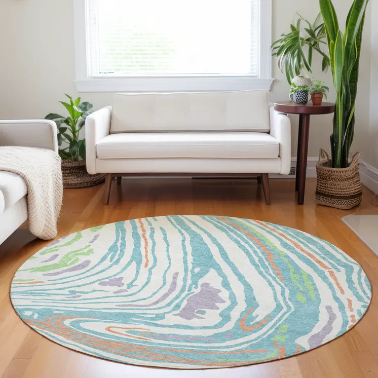 8' Linen Green And Sky Blue Round Abstract Washable Indoor Outdoor Area Rug