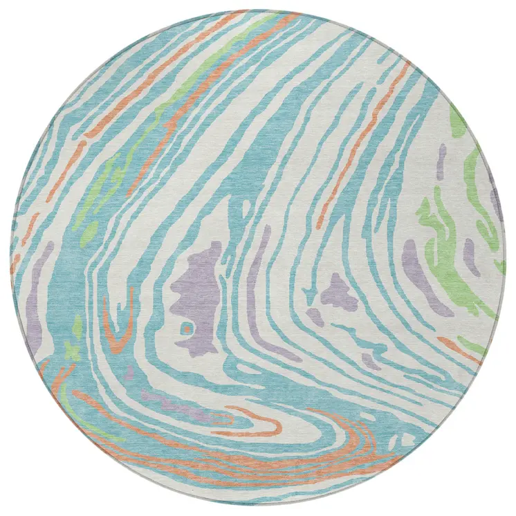 8' Linen Green And Sky Blue Round Abstract Washable Indoor Outdoor Area Rug