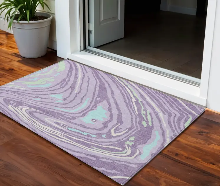 3' X 5' Lavender Sky Blue And Ivory Abstract Washable Indoor Outdoor Area Rug