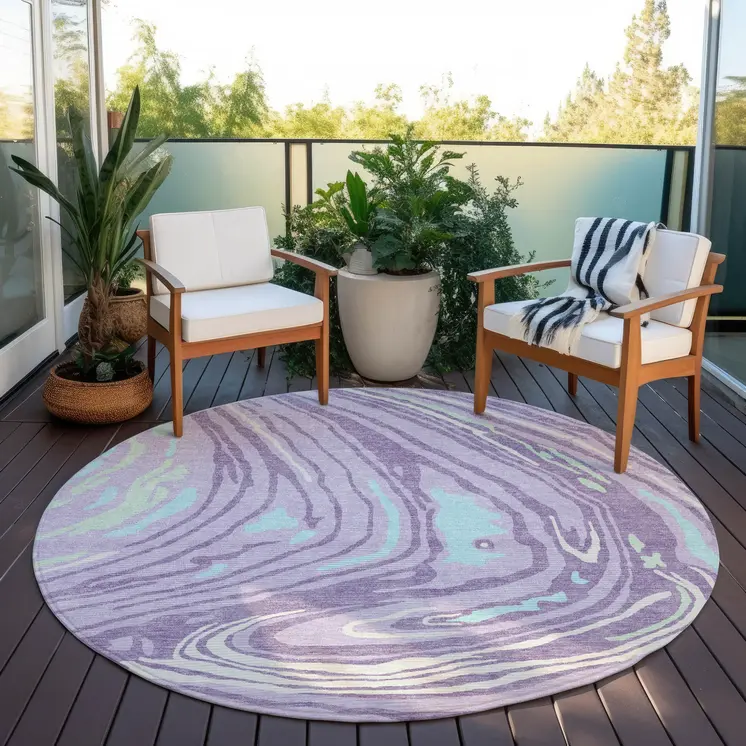8' Lavender Sky Blue And Ivory Round Abstract Washable Indoor Outdoor Area Rug