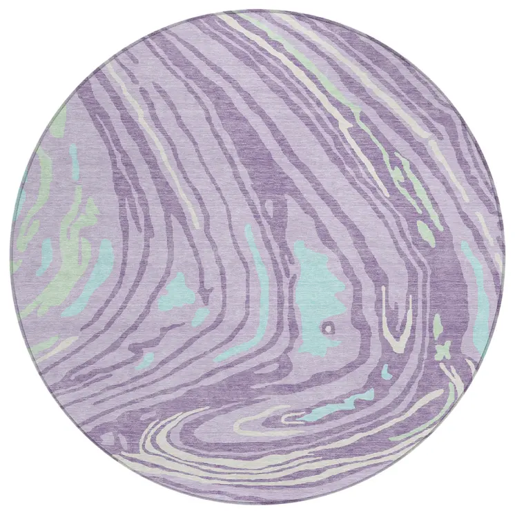 8' Lavender Sky Blue And Ivory Round Abstract Washable Indoor Outdoor Area Rug