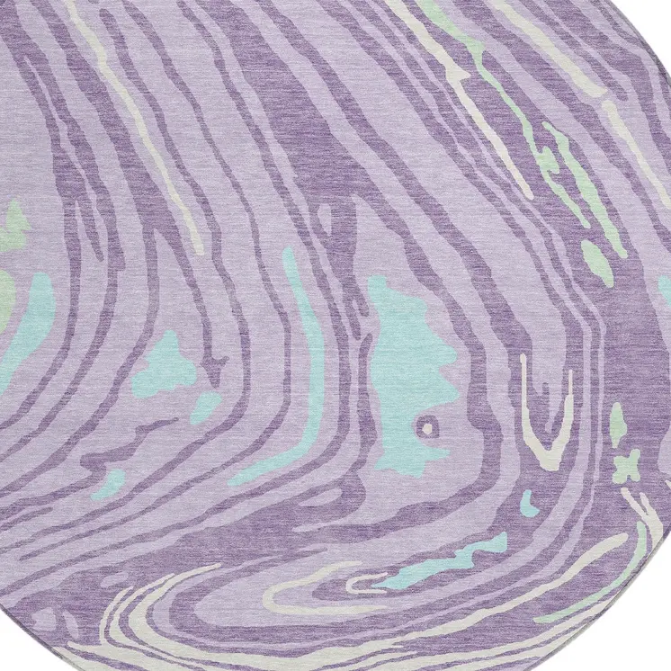 8' Lavender Sky Blue And Ivory Round Abstract Washable Indoor Outdoor Area Rug