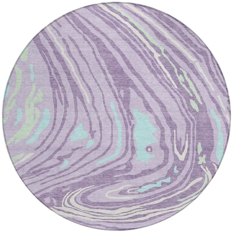 8' Lavender Sky Blue And Ivory Round Abstract Washable Indoor Outdoor Area Rug