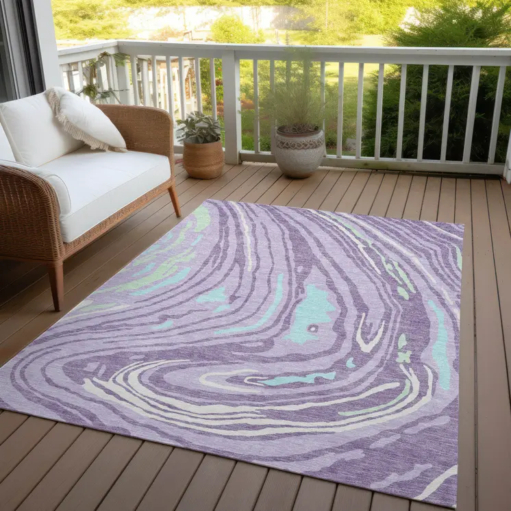 8' X 10' Lavender Sky Blue And Ivory Abstract Washable Indoor Outdoor Area Rug