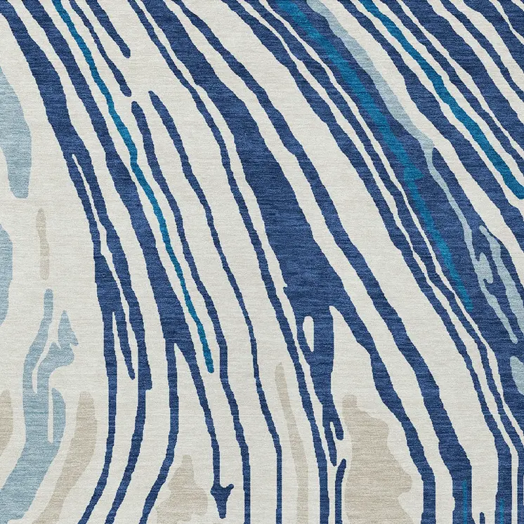3' X 5' Navy Blue Teal Blue And Ivory Abstract Washable Indoor Outdoor Area Rug