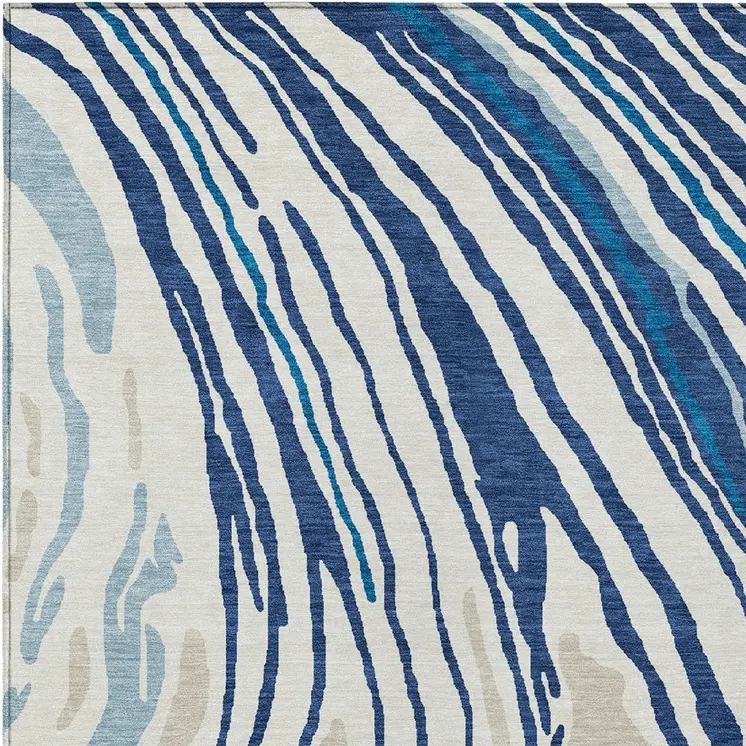 5' X 8' Navy Blue Teal Blue And Ivory Abstract Washable Indoor Outdoor Area Rug