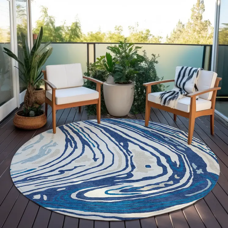 8' Navy Blue Teal Blue And Ivory Round Abstract Washable Indoor Outdoor Area Rug