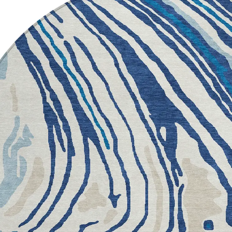 8' Navy Blue Teal Blue And Ivory Round Abstract Washable Indoor Outdoor Area Rug