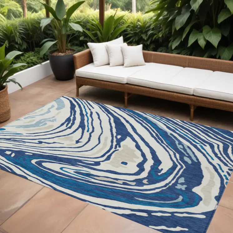8' X 10' Navy Blue Teal Blue And Ivory Abstract Washable Indoor Outdoor Area Rug