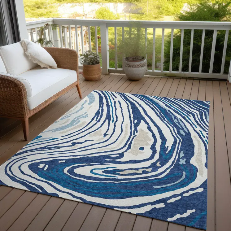 8' X 10' Navy Blue Teal Blue And Ivory Abstract Washable Indoor Outdoor Area Rug
