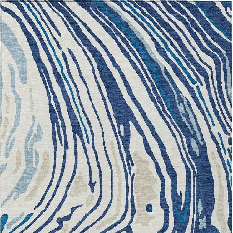8' X 10' Navy Blue Teal Blue And Ivory Abstract Washable Indoor Outdoor Area Rug
