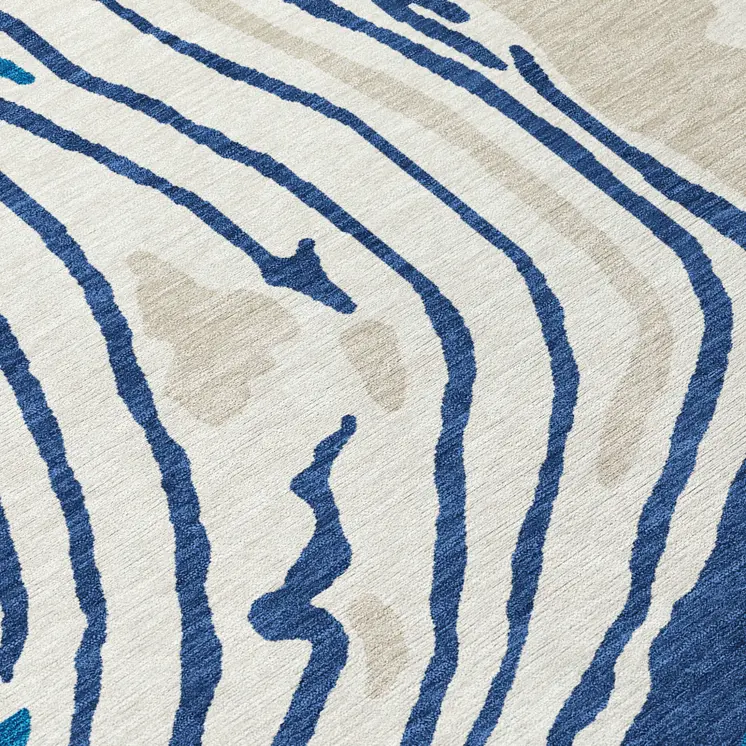 8' X 10' Navy Blue Teal Blue And Ivory Abstract Washable Indoor Outdoor Area Rug
