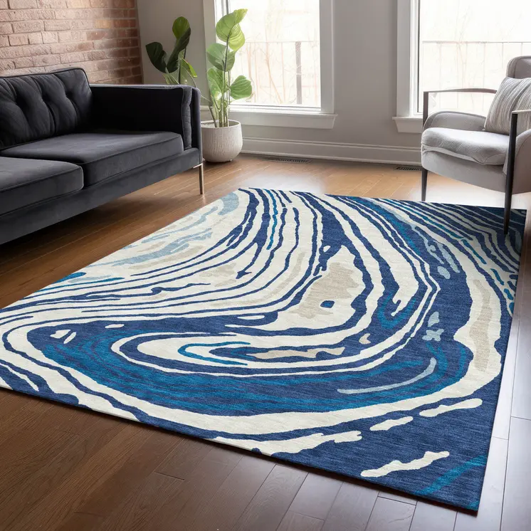 8' X 10' Navy Blue Teal Blue And Ivory Abstract Washable Indoor Outdoor Area Rug