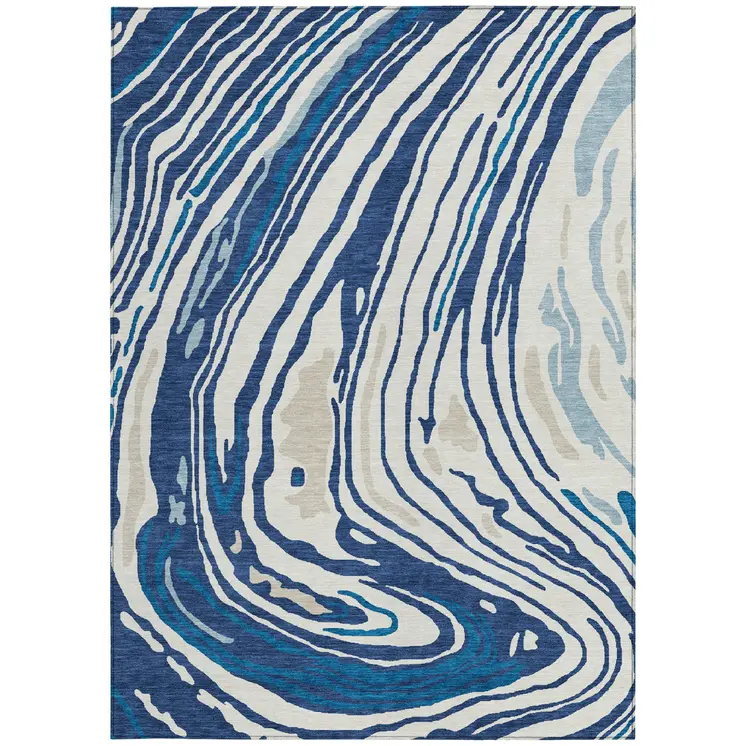 10' X 14' Navy Blue Teal Blue And Ivory Abstract Washable Indoor Outdoor Area Rug