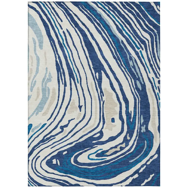 10' X 14' Navy Blue Teal Blue And Ivory Abstract Washable Indoor Outdoor Area Rug